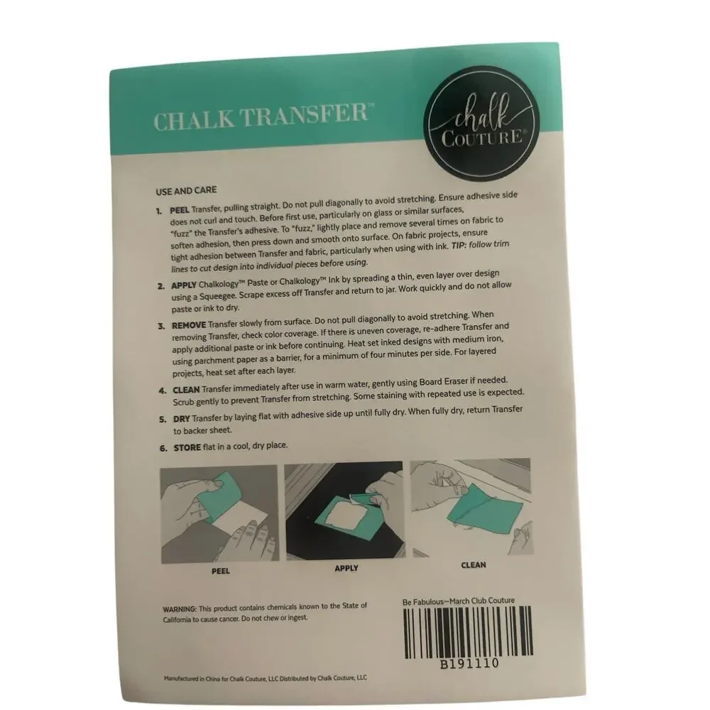 NWT Be Fabulous Chalk Couture 8.5 x 11 Reusable Transfer